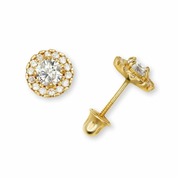 Solid 14K Yellow Gold Halo Birthstone Stud Screw Back Earrings w/ Sparkly Stones - Picture 4 of 12